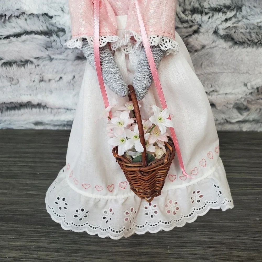 Decorative Country Bunny In Dress Apron Hokding‎ Basket Of Flowers